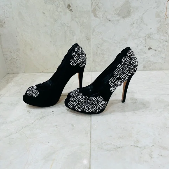 KAREN MILLEN {6} Black Silver Beaded Pumps Peep Toe Stiletto - Picture 5 of 16